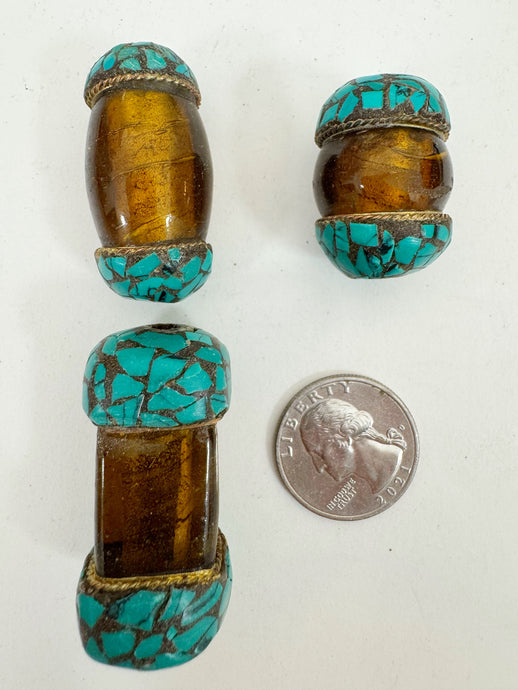 dark golden amber glass, brass, turquoise blue enhanced magnesite inlays, 28-45mm style mix vintage look tibetan style beads, 3 piece lot