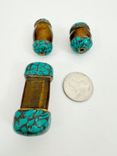 dark golden amber glass, brass, turquoise blue enhanced magnesite inlays, 28-45mm style mix vintage look tibetan style beads, 3 piece lot