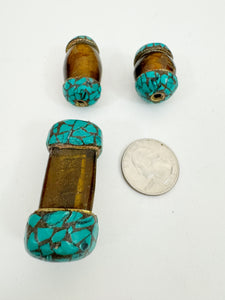 dark golden amber glass, brass, turquoise blue enhanced magnesite inlays, 28-45mm style mix vintage look tibetan style beads, 3 piece lot