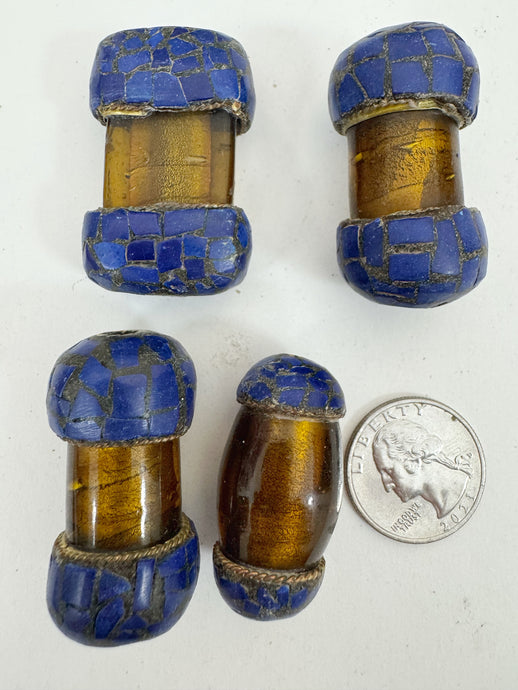 dark golden amber glass, brass, lapis blue enhanced magnesite inlays, 37-42mm style mix vintage look tibetan style beads, 4 piece lot