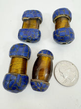 dark golden amber glass, brass, lapis blue enhanced magnesite inlays, 37-42mm style mix vintage look tibetan style beads, 4 piece lot
