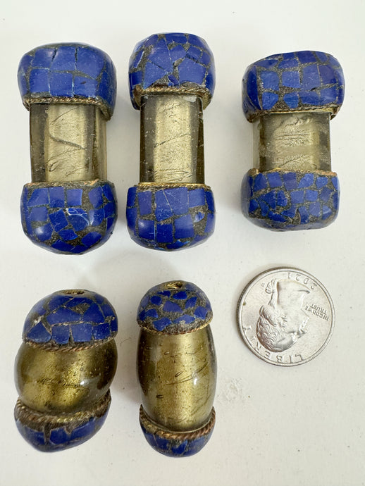 yellowed pale gray glass, brass, lapis blue enhanced magnesite inlays, 31-46mm style mix vintage look tibetan style beads, 5 piece lot
