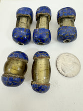 yellowed pale gray glass, brass, lapis blue enhanced magnesite inlays, 31-46mm style mix vintage look tibetan style beads, 5 piece lot