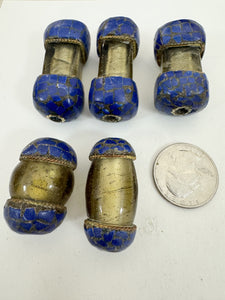 yellowed pale gray glass, brass, lapis blue enhanced magnesite inlays, 31-46mm style mix vintage look tibetan style beads, 5 piece lot