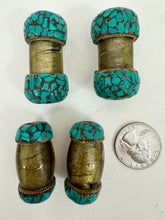 yellowed pale gray glass, brass, turquoise blue enhanced magnesite inlays, 35-42mm style mix vintage look tibetan style beads, 4 piece lot