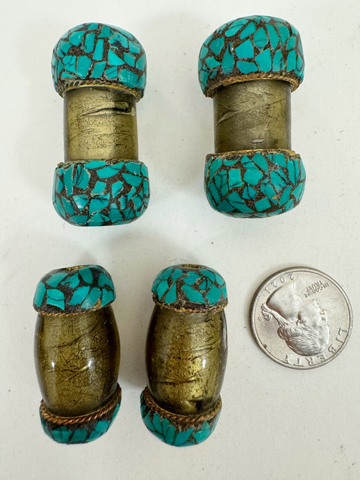 yellowed pale gray glass, brass, turquoise blue enhanced magnesite inlays, 35-42mm style mix vintage look tibetan style beads, 4 piece lot