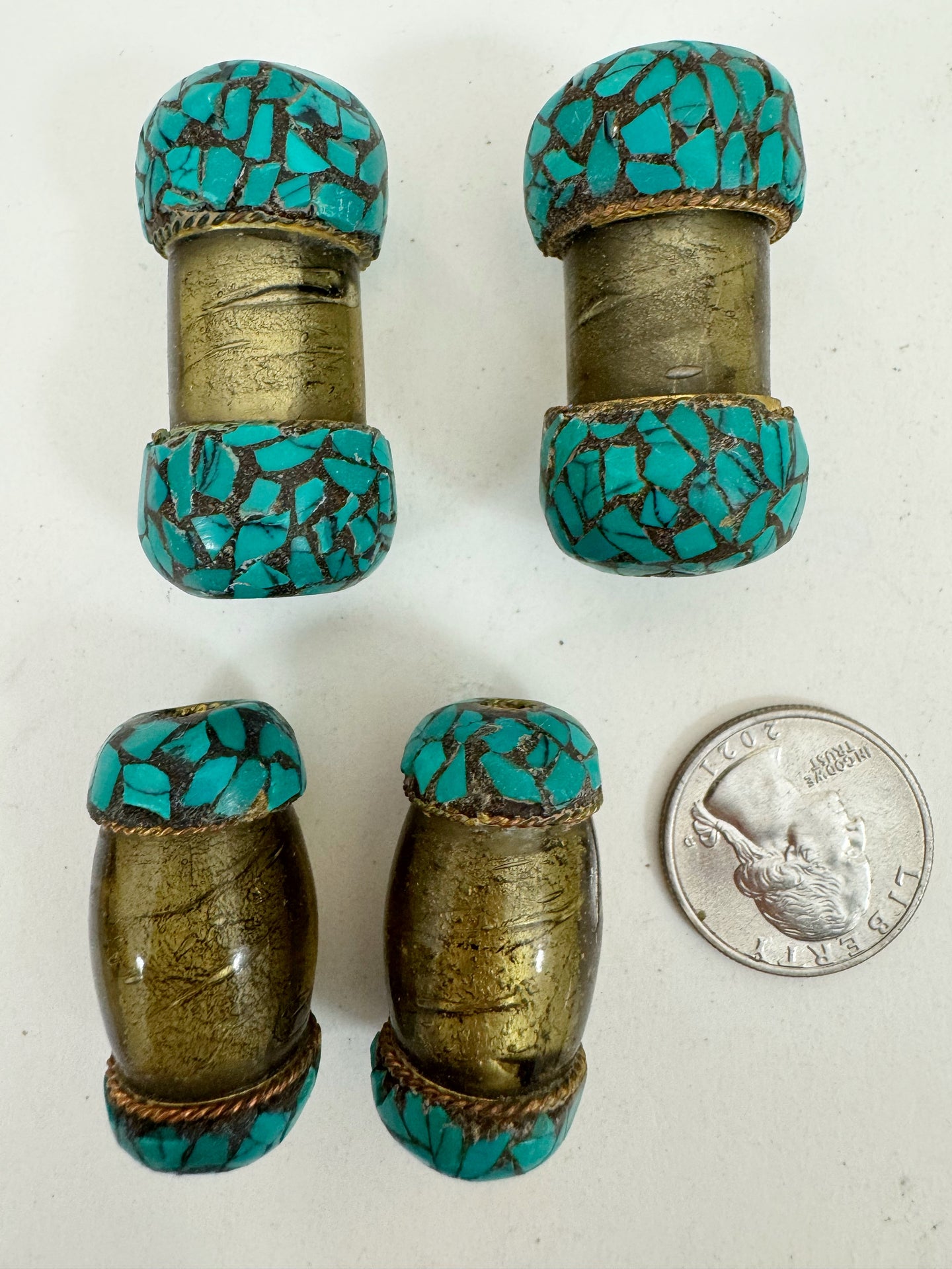 yellowed pale gray glass, brass, turquoise blue enhanced magnesite inlays, 35-42mm style mix vintage look tibetan style beads, 4 piece lot