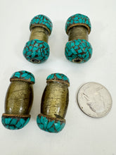 yellowed pale gray glass, brass, turquoise blue enhanced magnesite inlays, 35-42mm style mix vintage look tibetan style beads, 4 piece lot