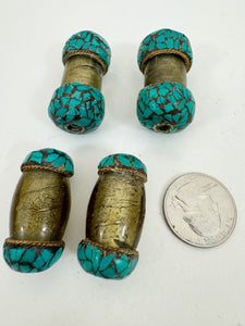 yellowed pale gray glass, brass, turquoise blue enhanced magnesite inlays, 35-42mm style mix vintage look tibetan style beads, 4 piece lot