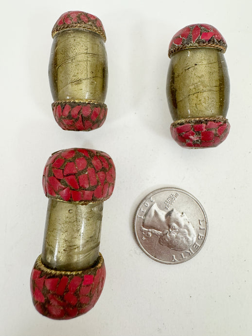 yellowed pale gray glass, brass, coral red enhanced magnesite inlays, 36-45mm style mix vintage look tibetan style beads, 3 piece lot