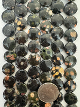 black leopard skin jasper, 15x15x6mm coin, 15" strand, SOLD PER STRAND