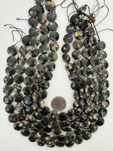 black leopard skin jasper, 15x15x6mm coin, 15" strand, SOLD PER STRAND