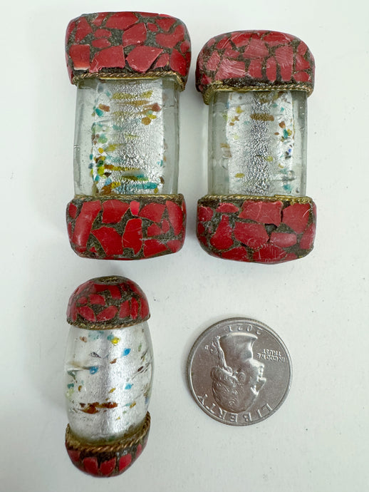 clear spotted colors metallic inside lined glass, brass, coral red enhanced magnesite inlays, 36-49mm style mix vintage look tibetan style beads, 3 piece lot