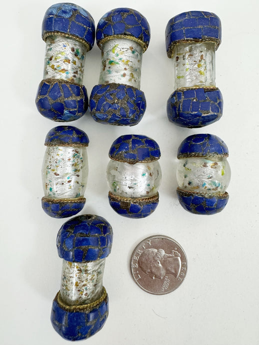 clear spotted colors metallic inside lined glass, brass, lapis blue enhanced magnesite inlays, 32-44mm style mix vintage look tibetan style beads, 7 piece lot