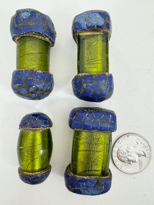 dark olive green glass, brass, lapis blue enhanced magnesite inlays, 36-45mm style mix vintage look tibetan style beads, 4 piece lot