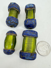 dark olive green glass, brass, lapis blue enhanced magnesite inlays, 36-45mm style mix vintage look tibetan style beads, 4 piece lot