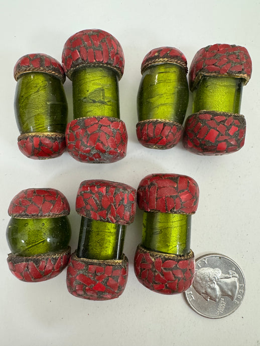 dark olive green glass, brass, coral red enhanced magnesite inlays, 29-43mm style mix vintage look tibetan style beads, 7 piece lot