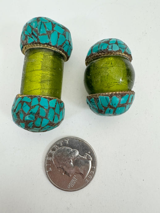 dark olive green glass, brass, turquoise blue enhanced magnesite inlays, 31-45mm style mix vintage look tibetan style beads, 2 piece lot