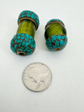 dark olive green glass, brass, turquoise blue enhanced magnesite inlays, 31-45mm style mix vintage look tibetan style beads, 2 piece lot