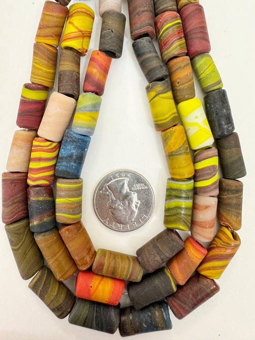 matte finish, fall tones color mix swirl motif, vintage look glass, 15-21mm irregular tube mix, 15