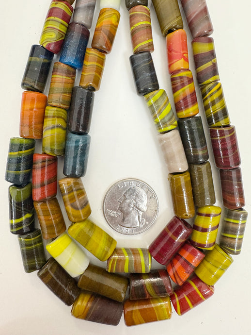 fall tones color mix swirl motif, vintage look glass, 15-21mm irregular tube mix, 15