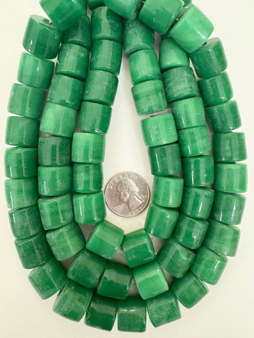 light and darker emerald green, single color, vintage look glass, 16x14mm rondelle, 15