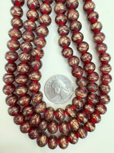 cranberry red metallic copper dark orange swirl, vintage look glass, 10x8mm rondelle, 15" strand, sold per strand