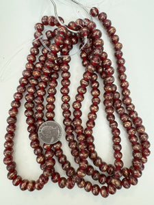cranberry red metallic copper dark orange swirl, vintage look glass, 10x8mm rondelle, 15" strand, sold per strand