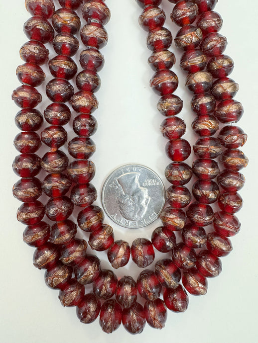 cranberry red metallic copper dark orange swirl, vintage look glass, 9x8mm rondelle, 15
