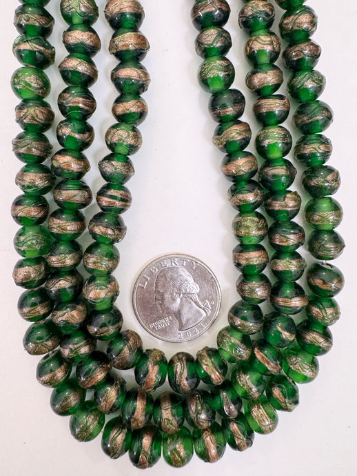 dark green metallic copper dark orange swirl, vintage look glass, 9x7mm rondelle, 15