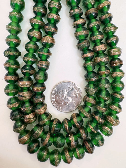 dark green metallic copper dark orange swirl, vintage look glass, 11x8mm rondelle, 15