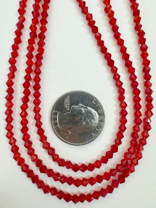 red, vintage look glass, 3.5mm faceted bicone, 15