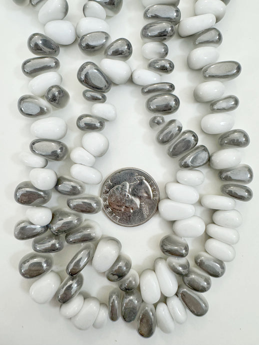 white metallic blue gray swirl, vintage look glass, 15x13x7mm nugget pendant, 15