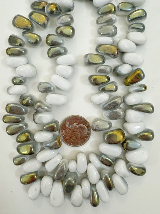 white metallic yellow AB gray swirl, vintage look glass, 15x13x7mm nugget pendant, 15