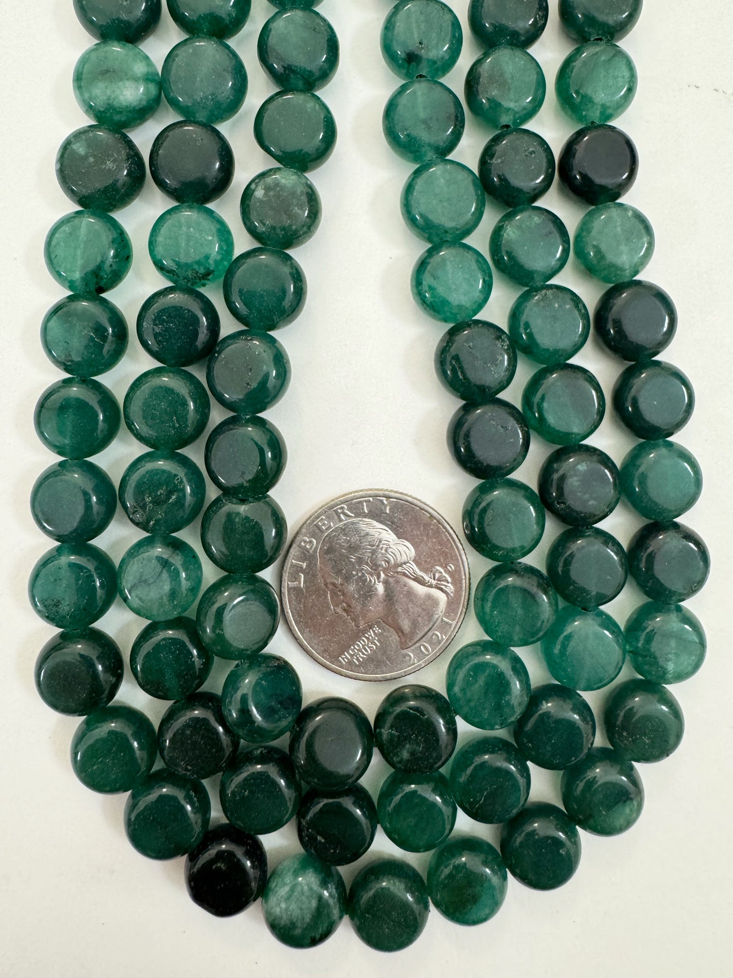 dark emerald green color enhanced quartz, 10x10x6mm coin, 15