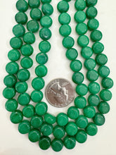 bright emerald green color enhanced quartz, 10x10x6mm coin, 15" strand, sold per strand