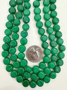 bright emerald green color enhanced quartz, 10x10x6mm coin, 15" strand, sold per strand
