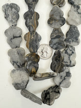 black gray jasper, 32x24x10mm carved hulu shape, 15" strand, sold per strand, surface wear