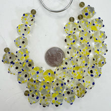 clear blue yellow dark purple, dotted motif, vintage stock glass, 14mm round raised dots, 6" strand, SOLD PER STRAND
