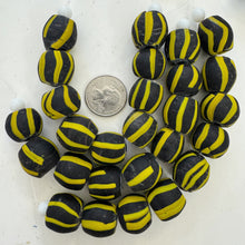 matte yellow black stripe motif, vintage stock glass, 18mm irregular round mix, 6" strand, SOLD PER STRAND