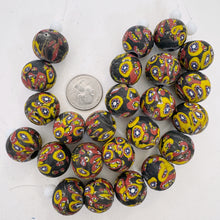 matte yellow red white blue black millefiori motif, vintage stock glass, 19-20mm round mix, 6" strand, SOLD PER STRAND