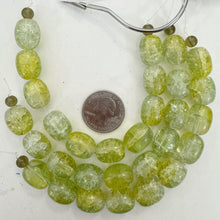 lemon lime green yellow , crackle motif, vintage stock glass, 16x13mm barrel, , 6" strand, SOLD PER STRAND
