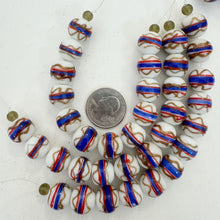 red white blue copper, stripe swirl motif, vintage stock glass, 14mm round, 6" strand, SOLD PER STRAND