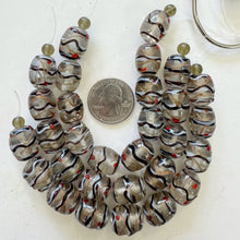 clear dark purple copper white red, dotted swirled line motif, vintage stock glass, 17x13mm barrel, 6" strand, SOLD PER STRAND