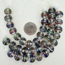 clear blue red green red, drawn swirl motif, vintage stock glass, 12x12mm rondelle, 6" strand, SOLD PER STRAND