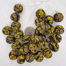 matte yellow orange red white blue black millefiori motif, vintage look glass, 19-20mm round mix,  6" strand, SOLD PER STRAND