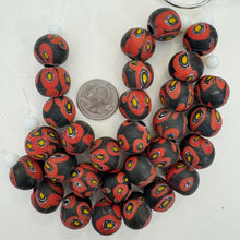 matte red yellow white black millefiori motif, vintage look glass, 17-18mm round mix, 6" strand, SOLD PER STRAND