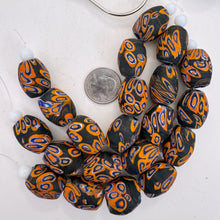 matte orange blue white black millefiori motif, vintage look glass, 24x18mm bowed barrel mix, 6" strand, SOLD PER STRAND
