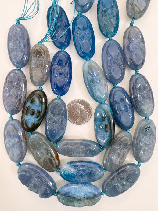 blue color enhanced agate, 40x20x15mm carved flower motif, 15