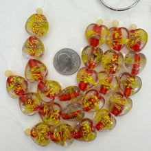 clear red orange yellow, inside lined swirl motif, vintage stock glass, 21x18x9mm heart,  6" strand, SOLD PER STRAND